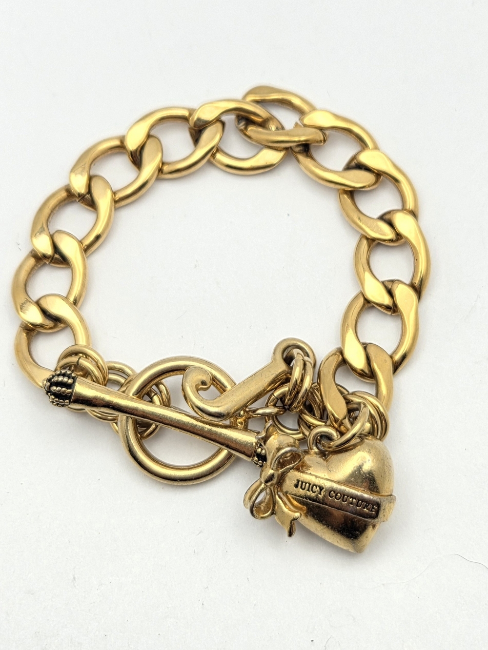 Juicy Couture Vintage Gold Heart Charm Toggle Bracelet Crown Bow Y2K
